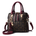 Women's brown PU leather tote with red handles, ALDA monogram print and cat tassel charm - Purple