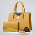 Yellow leopard print tote bag with matching wallet and adjustable shoulder strap set - Beige