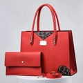 Red leopard patchwork tote bag set with matching wallet and detachable shoulder strap - Wine Red