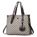 Bolso tote de lona con monograma marrón con asas de cuero y detalle de etiqueta redonda - Estilo G