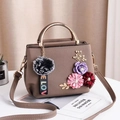 Brown litchi leather square handbag with 3D floral accents and golden circular handle - Khaki