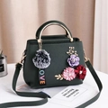 Dark green PU leather crossbody bag with metallic handles and floral accents - Green