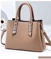 Beige faux leather handbag with silver chain accents and adjustable shoulder strap - Khaki
