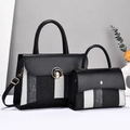 Set borse a mano a righe in pelle con fibbia metallica e pochette coordinata - Nero