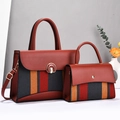 Set borse da donna in due pezzi in tessuto a righe e pelle marrone rossastro elegante - Rosso