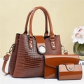 Detailed view of the three-piece brown faux lizard leather tote bag with wallet and card holder - Khaki/Earth Yellow
