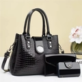 Black lizard-textured leather 3-piece bag set with a glossy finish and silver hardware - Black