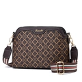 Classic dark brown crossbody bag with clover floral pattern and striped wide strap - Vertical Coffee Large Print