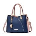 Navy blue and light pink contrast leather tote bag with gold hardware and strap - Dark Green Patchwork Pink