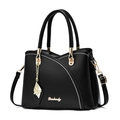 Elegant black pebbled leather handbag with gold hardware and white contrast stitching - Solid Black