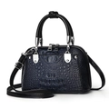 Dark blue crocodile embossed shell handbag with silver hardware and top handle - Dark Blue