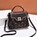 Dark brown patterned crossbody bag with gold floral clasp and white stitching trim - Coffee