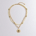 French vintage double layer stainless steel necklace with blue gem and color beads - Blue Stone & Sun Pendant Style (N2041)