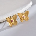 18K gold butterfly earrings with pink zircon stone on white ceramic plate - Butterfly Stud Earrings (M-E596)
