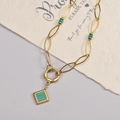 Gold paperclip chain necklace with green square pendant and turquoise bead accents - Green Square Pendant Necklace