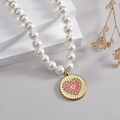 Vintage pearl necklace with pink heart medallion pendant in gold finish for women - Red