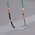 Franse vintage 14K vergulde ketting met kleurrijke kralen en natuurlijke parels - Kleurrijke Kralen Parelketting