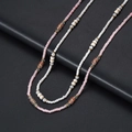 Minimalist bohemian 14K gold beaded necklace set in pink and beige on black leather - Set (Pink and White)