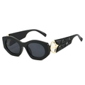 Fashionable oversized cat-eye sunglasses with geometric frames and gold circle temple detail - Black Frame Grey Lens