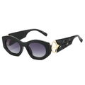 Fashionable cat eye sunglasses with gold metal accents and geometric textured temples - Black Frame Double Gray Lens