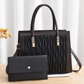 Women's black PU leather tote bag and wallet set with wavy pleated design and gold accents - Black With Wallet