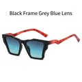 Retro square sunglasses with black frames, red marbled temples, and blue-green gradient lenses - Black Frame Grey Blue Lens