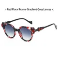 Gafas de sol retro con estampado floral, detalles rojos y lentes degradadas grises - Montura de Flores Rojas Lentes Grises Degradado