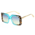 Square oversized sunglasses featuring blue marble frames and gold bamboo metal temples - Regular / Regular (Inc. 13% VAT) Blue Leopard Frame Green and Yellow Lenses