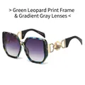 Fashionable oversized geometric sunglasses with green leopard print frames and grey lenses - Green Leopard Frame Gradient Grey Lens