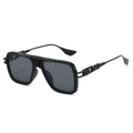 Square double bridge black sunglasses with industrial hollow temples on white background - Black Frame Grey Lens
