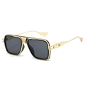 Square punk sunglasses with double bridge metal frame and industrial textured temples - Gold Frame Grey Lens