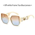 Cream oversized hexagonal sunglasses with tea-blue gradient lenses and gold metal temples - Beige Frame Brown Blue Lens