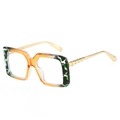 Lunettes carrées à monture en acétate coloré et branches métalliques dorées chic - Standard (Monture léopard thé et verres blancs) / Verres transparents