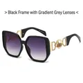 Fashionable oversized sunglasses with black frames, gradient grey lenses and gold accents - Black Frame Double Gray Lens