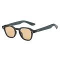 Retro oval sunglasses with grey translucent frames and amber lenses in a 45-degree side view - Grey Frame Champagne Lens