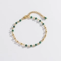 Minimalist gold chain bracelet featuring green malachite-pattern beads and lobster clasp - Watermelon Green Beaded Bracelet