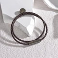 Men's double-wrap dark brown braided leather bracelet with gunmetal magnetic clasp - Brown Cord