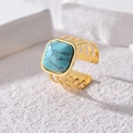 Gold-plated turquoise ring with three-row hollow band on white stone background - Adjustable Open / Gold Color (Turquoise)
