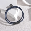 Double-wrap navy blue braided leather bracelet with black magnetic buckle clasp - Dark Blue Rope