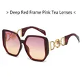 Fashionable oversized square sunglasses with burgundy frame and gradient lenses - Jujube Red Frame Gradient Pink Lens