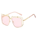 Luxury gold metal square sunglasses with light pink lenses and V-shaped bridge - Gold Frame Pink Lenses