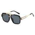 Retro square oversized sunglasses with black frame and gold metal temples in a front view - Black Frame Grey Lens