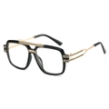 Classic oversized square fashion sunglasses with black frame and gold metal accents - Black Frame Clear Lenses