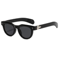 Classic square black sunglasses with silver metallic accents on frame and dark lenses - Glossy Black Frame Grey Lens