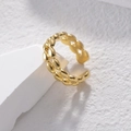 Anillo de doble capa de acero inoxidable dorado con textura de cuentas ovales - Abierto Ajustable / Estilo Abierto Dorado con Doble Fila de Granos