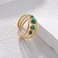 Three-layer twisted gold open ring with five round green malachite stones on stone base - Malachite Style / Adjustable Opening / Green