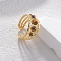 Three-layer gold braided ring set with five round tiger eye stones in a retro style - Tiger's Eye Style / Adjustable Opening / Brown