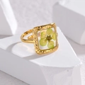 Adjustable gold ring featuring a square frame with a green dried flower preserved in resin - Adjustable Open / Square Green Flower