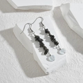 Korean style long drop earrings featuring dark natural stone beads and a white heart bead - Black Crushed Stone Heart Style (E619-hei-ax)