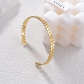 Minimalist golden stainless steel open bangle with leaf texture detail - Wheat Ear Texture Style (B957)